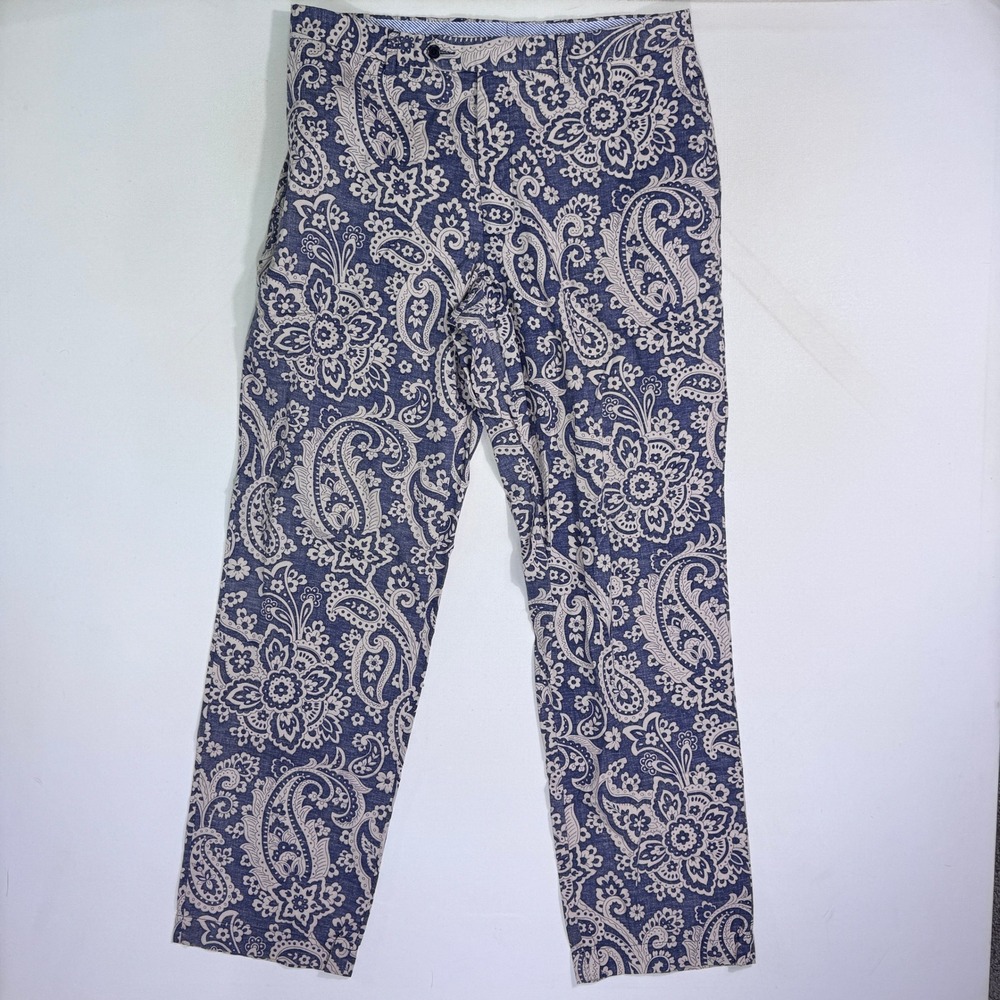Hilfiger Mens Paisley Pants 36x34 (36x33.5) Blue Pink 100% 2 Ply Cotton Trousers